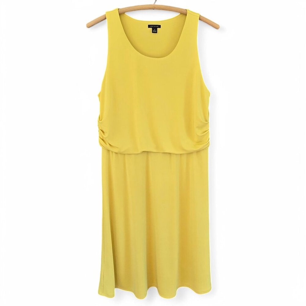 Ann Taylor Mustard Yellow Sleeveless Midi Dress Ruched Waist Detail Medium